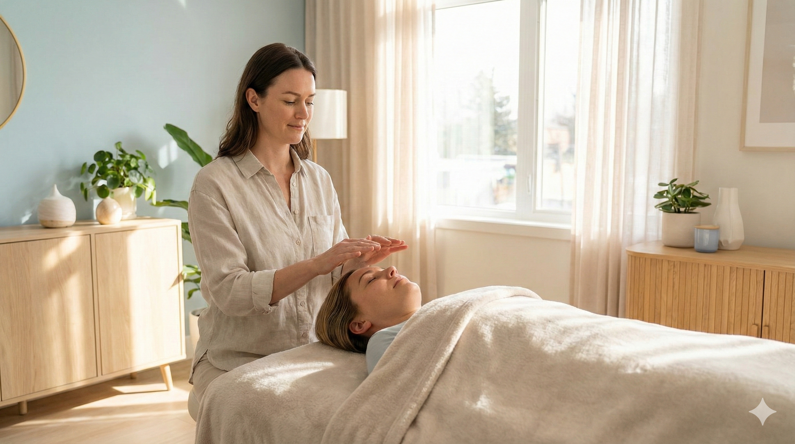 Terapeuta profesional realizando una sesión de Reiki a una paciente en una clínica de bienestar, mostrando cómo fluye la energía vital.